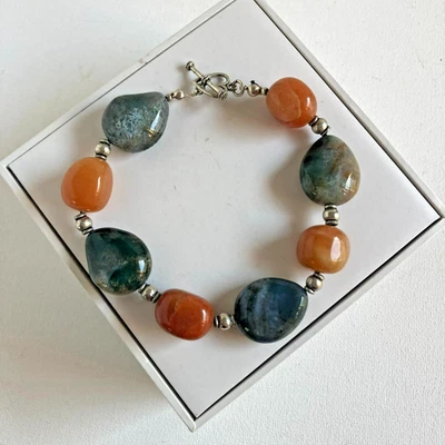 Pulsera Semipreciosa Naranja y Verde Musgo Ágata Piedras 8" Foto 1 de 4