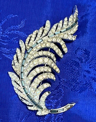 DE COLECCIÓN RETRO AZUL BAGUETTE CRISTAL PEDRERÍA BROCHE GRANDE PLUMA PLATA Foto 1 de 4