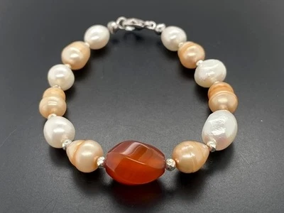 ARMBAND 925/SILBER RHOD. MIT SWZP, KARNEOL & HÄMATIT BEH. SILBERZEIT SCHMUCKJAGD - Bild 1 von 4