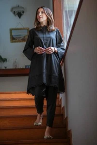 Black Women Shalwar Kameez Stitched Trouser Lace Embellishment Women Dress - Picture 1 of 6