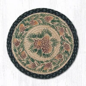 2 Braided Jute Round Stenciled Placemat/Trivet/Swatch. Earth Rugs. PINECONE. 10” - Picture 1 of 1