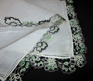 Vintage Hankie Lovely White Linen Shades of Black/Gray/Green Tatted Trim Accent - Picture 1 of 2