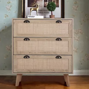 Wood Accent Storage Cabinet Bedroom Nightstand Dresser Chest w/ 3 Rattan Drawers - Picture 1 of 9
