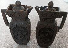 Pair Vintage Hand Carved Pitcher Yak Bone ? Tibet ? Vase Tibetan Lidded Floral