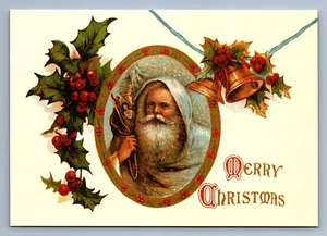 Postcard Vtg Reproduction Reprint Christmas Holiday Santa Claus Bells Holly - Picture 1 of 2