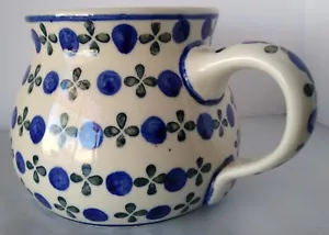 Polish Pottery Wide Mouth Pitcher Blue Circles/Berries Green Leaf Boleslawiec - Picture 1 of 7