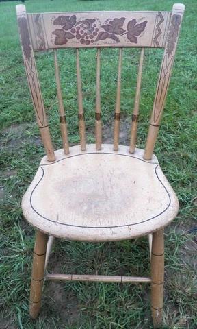 Original Paint Antique Windsor Plank seat decorated Chair with polychrome paint Cover