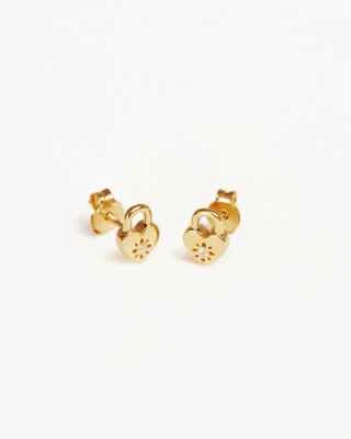 Aretes con candado de corazón de loto de diamantes cultivados en laboratorio de 0,10 quilates de oro amarillo macizo de 14 k Foto 1 de 4