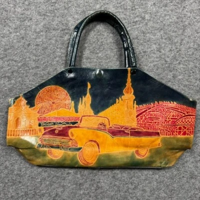 Bolso de mano vintage de cuero tooled parque de atracciones coche antiguo teñido en relieve Foto 1 de 4