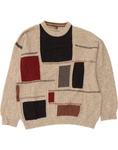 JOCKEY Mens Crew Neck Jumper Sweater IT 56 2XL Beige Patchwork Wool CH09 - Picture 1 of 4