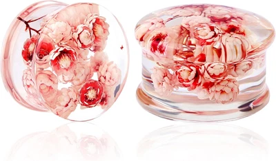 2Pcs Flower Ear Gauges 2G to 1'' Organic Real Flower Resin Plugs - Image 1 of 4