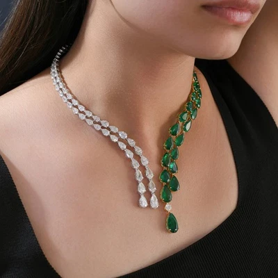 Collar Gargantilla 61.64 Tcw Zambia Esmeralda SI/H Pera Diamante Oro 14k Dos Tonos Foto 1 de 4