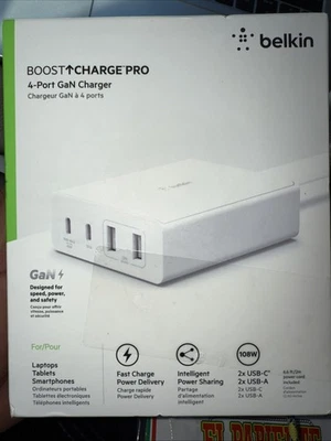 Belkin Boost Charge Pro 4 端口 108W GaN USB-C 充电器 - 白色 WCH010DQWH - 全新! — 第 1/2 张图片