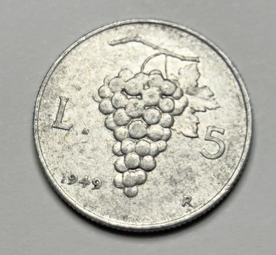 Italy 1949 5 Lire Coin | KM#89 | Grape Reverse | Italian Republic Era - Image 1 of 2