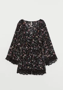 Floral Playsuit Women Size 4 H&M Long Sleeve Black Multicoloured Tied Waist - Picture 1 of 4