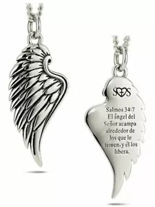 Stainless Spanish Angel Wing Necklace-Salmos 34:7 Shields of Strength - Picture 1 of 8