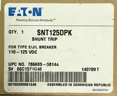 CUTLER-HAMMER EATON CUTLER HAMMER SNT125DPK 110-25VDC Type E J L Shunt Trip 66C1571G46
