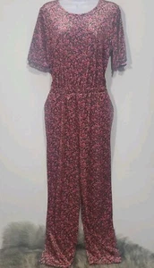 Old Navy Med Pink Floral Velour Short Puff Sleeve Stretchy Keyhole Back Jumpsuit - Picture 1 of 10