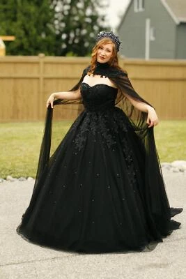 Plus Size Black Gothic Wedding Dresses High Neck With Cape Beaded Bridal Gowns - Image 1 of 4