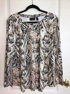 Attitudes By Renee Long Sleeve Curved Hem Animal Print Abstract Stretch ￼Top L - Picture 1 of 6
