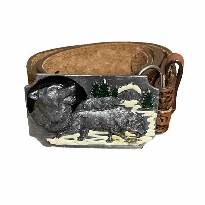 Cinturón Vintage Arroyo Grande Hebilla Co Lobo Talla 34 Hebilla Marrón Cuero Repujado Foto 1 de 4