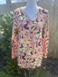 Chico’s Size 2 Colorful 100% Linen Tropical Leaf Print Pullover Knit Top Size L - Picture 1 of 6