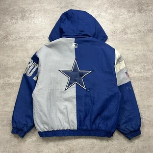 VTG 90s NFL DALLAS COWBOYS STARTER PUFFER JACKET HOODIE SIZE L BLUE - Picture 1 of 12