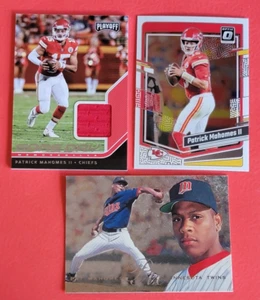 Patrick Mahomes WORN JERSEY CARD + DAD'S BASEBALL CARD + 2023 OPTIC KC CHIEFS - Picture 1 of 8