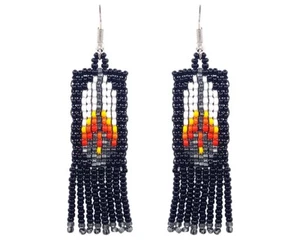Native Feather Fringe Seed Bead Fringe Dangle Earrings Handmade Boho Art Jewelry - Picture 1 of 11