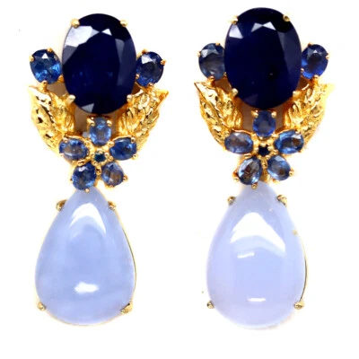 Piedra preciosa 13 x 18 mm. Pendientes de calcedonia lavanda y zafiro azul plata 925 Foto 1 de 4