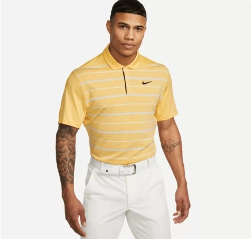 Nike Dri-Fit Tiger Woods Striped Golf Polo Shirt DR5318-795 Size Medium - Yellow