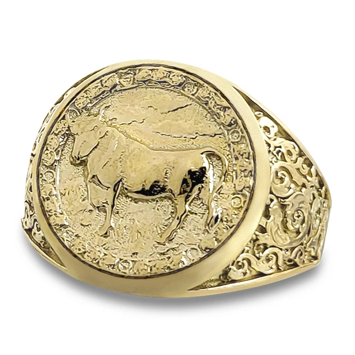 Real 14K Yellow Gold Taurus Ring, Zodiac Sign Mens Gold Coin Astrology Jewelry - Image 1 of 1