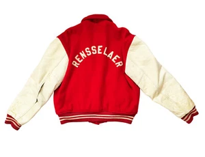 Vintage Wool Leather Varsity Jacket Letterman Rensselaer Red Size M - Picture 1 of 23