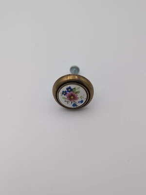 VTG Amerock Brass & Porcelain Pink  Blue Floral Drawer Cabinet Knobs Floral - Image 1 of 3