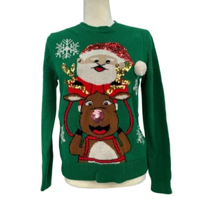 Forever 21 Christmas Sweater Santa Reindeer Sequins Green Red Holiday Small - Foto 1 di 9