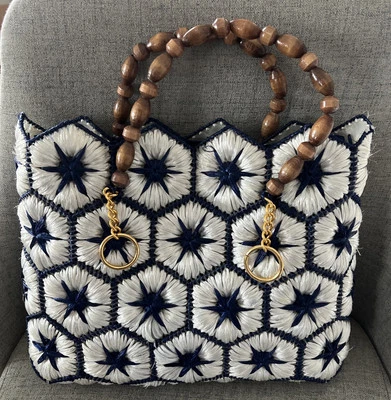 Vintage 70s Straw Purse Hexagon Blue White Star Flower Retro Boho Granny Chic - Image 1 of 4