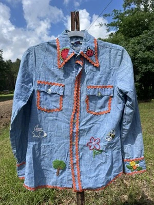 Camisa De Colección Años 70 Levi's Naranja Tab Cambray M Bordada Hippie Floral Raro Caballo Foto 1 de 4