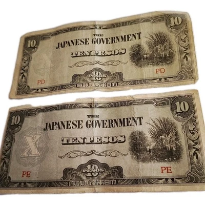 1942 Lot Of 2-Ten Pesos The Japanese Government Paper Money One PE One PD - Image 1 of 2