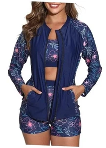 Women’s 3 Piece Long Sleeve Rash Guard with Built in Bra Zip Small Navy Flower - Picture 1 of 7
