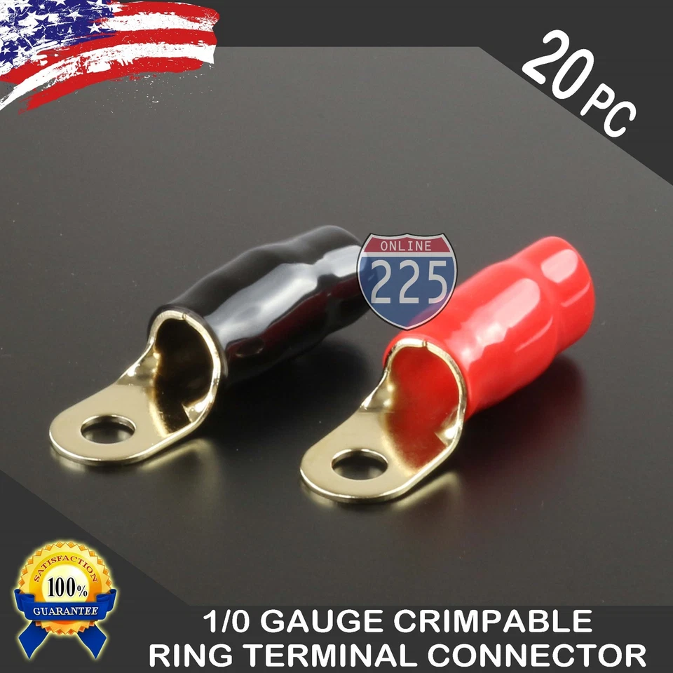 0 Gauge Gold Ring Terminal 20 Pack 1/0 AWG Wire Crimp Red Black Boots 5/16" Stud - Image 1 of 1