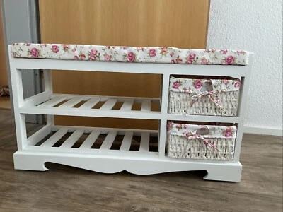 Schuhablage + Sitzbank ink Körben Kissen Holz Weide Schuhregal Weiß Mädchen - Bild 1 von 2