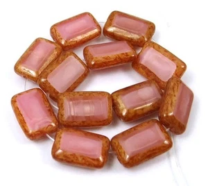 12x8mm Czech Glass Rectangle Beads Coral Pink - Picasso (12) - Picture 1 of 2