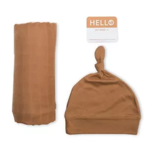 LuLuJo Hello World Birth Announcement Swaddle Blanket Gift Set TAN BROWN - Picture 1 of 3