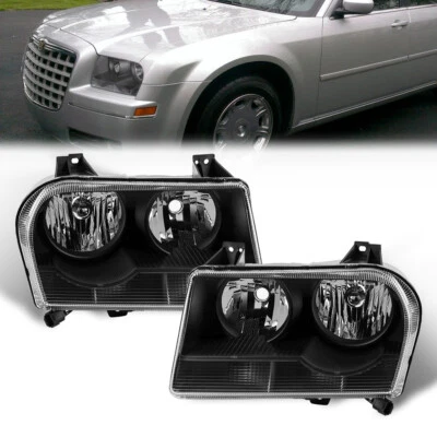 Pair Black Housing Headlights Front Lamps For 2005-2010 Chrysler 300 Halogen - Image 1 of 4