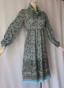 BOHO BORDERED BLUE FLORAL PRINT JERSEY Vintage 1970s Cowl Neck DAY DRESS - SM - Picture 1 of 9