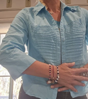 David Brooks Turquoise Linen Blend Pleats Button Shirt LARGE Coastal Blouse top - Image 1 of 4