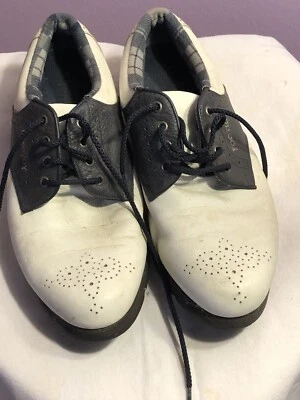 FootJoy 男式 98321 马鞍牛津高尔夫鞋白色黑色皮革 7.5M 码 — 第 1/4 张图片