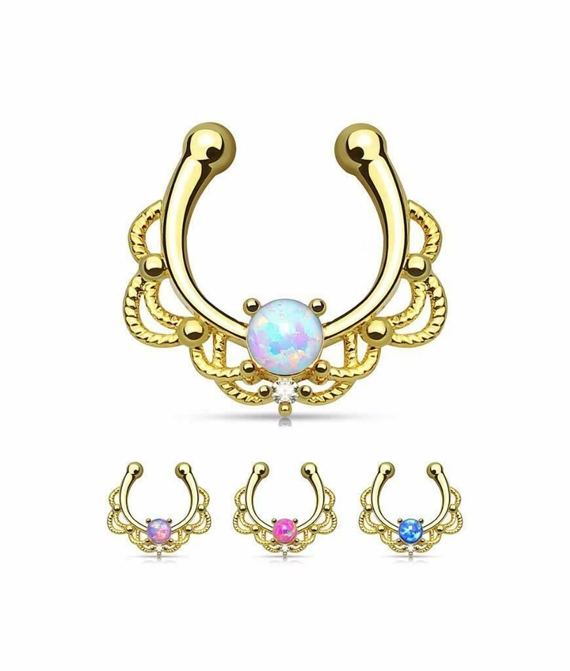Brass/Gold Plated Clip On Fake Septum Clicker Non Piercing Nose Ring Hoop Opal - Image 1 of 1