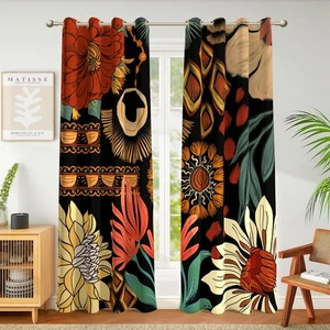 Cortinas florales boho negras 100 % apagadas para sala de estar 84 pulgadas de largo 2 paneles... - Imagen 1 de 7