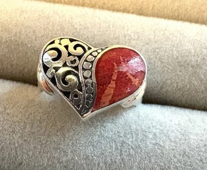 JTV Artisan Collection of Bali Sterling Silver Coral Heart Filigree Ring Sz 7 - Picture 1 of 9